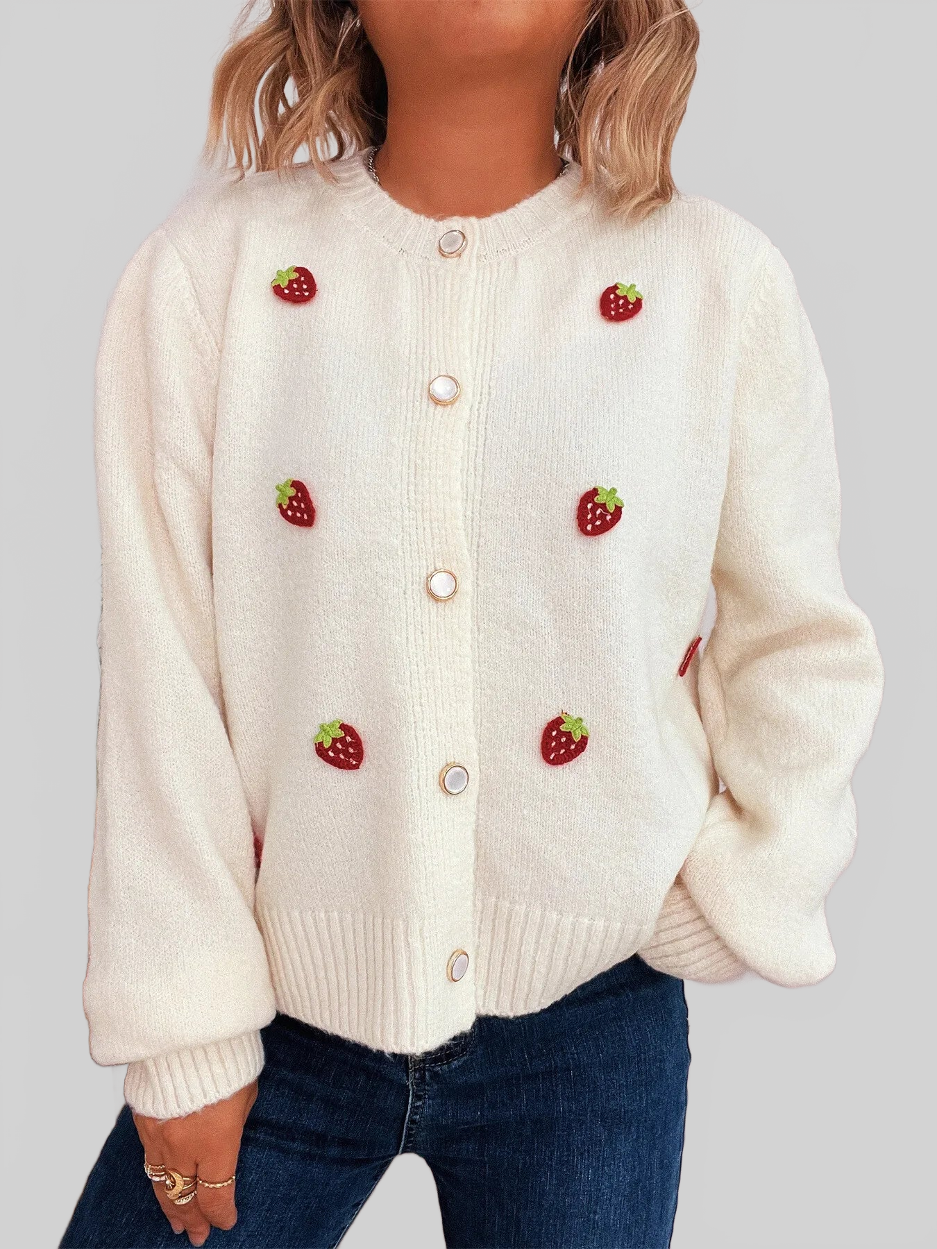 Strawberry Button Up Long Sleeve Cardigan nicholesgifts