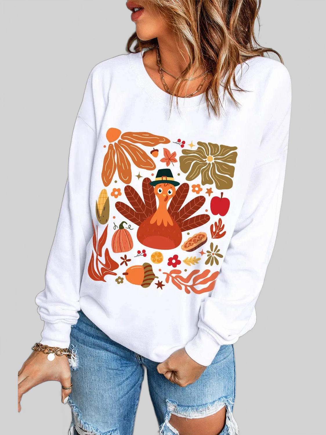 Women Turkey Graphic Round Neck Long Sleeve Thanksgiving Sweatshirt nicholesgifts