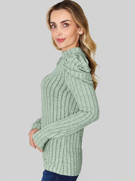 Basic Full Size Ribbed Mock Neck Puff Sleeve T-Shirt nicholesgifts