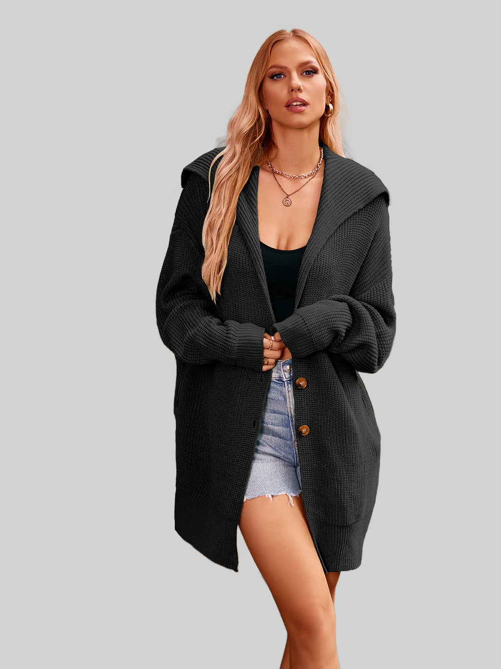 Women Collared Neck Button-Up Cardigan with Pockets nicholesgifts