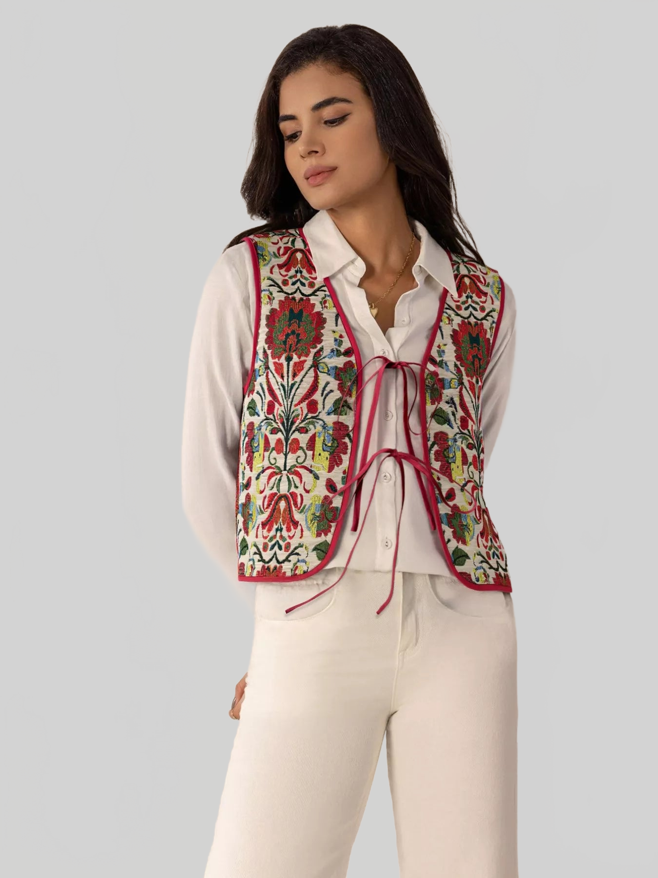 Floral Embroidered Tie-Front Vest Coat nicholesgifts