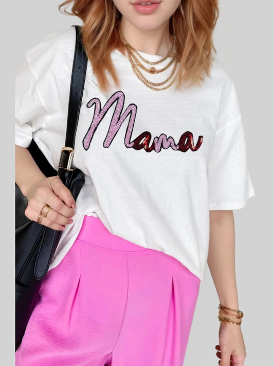 MAMA Sequin Round Neck Short Sleeve T-Shirt nicholesgifts