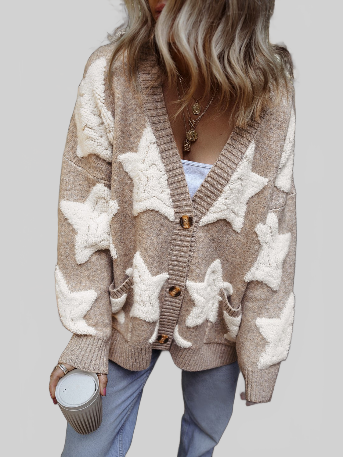 Women Star Button Up Long Sleeve Cardigan NicholesGifts