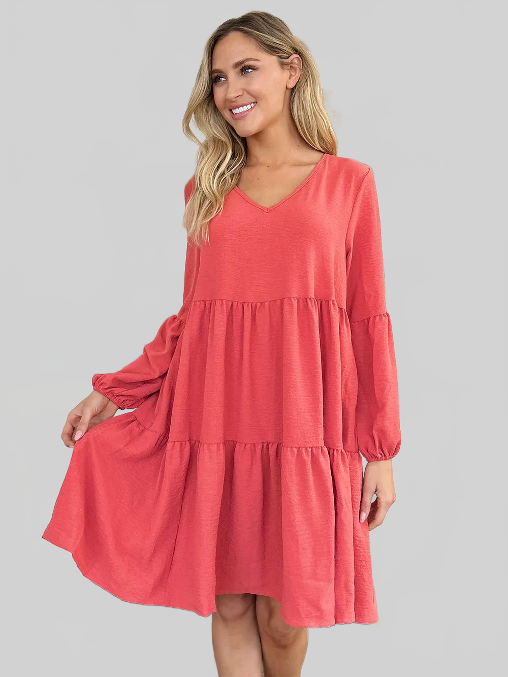 Double Take Full Size V-Neck Balloon Sleeve Tiered Dress with Pockets nicholesgifts
