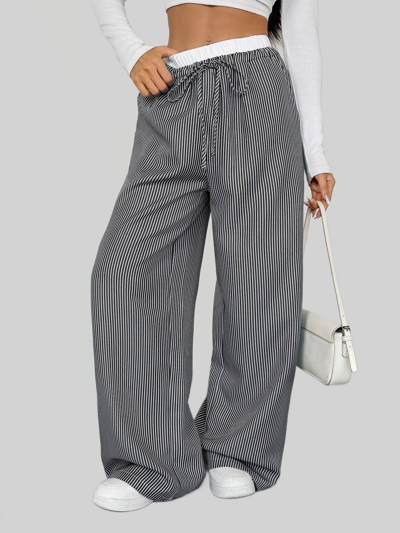 Women Striped Wide Leg Drawstring Pants nicholesgifts