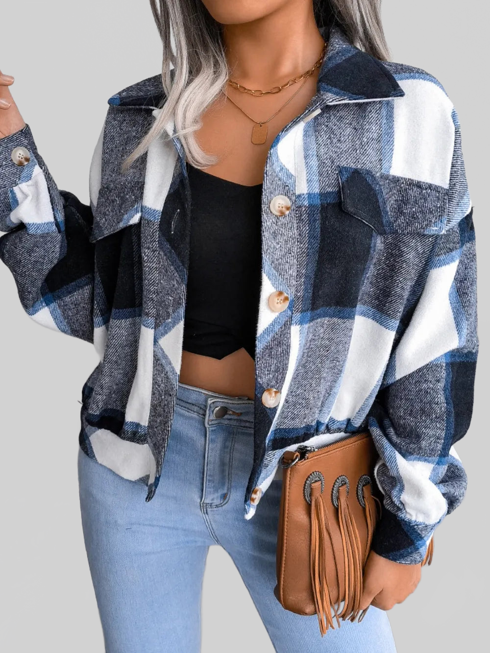 Plaid Collared Neck Long Sleeve Jacket nicholesgifts