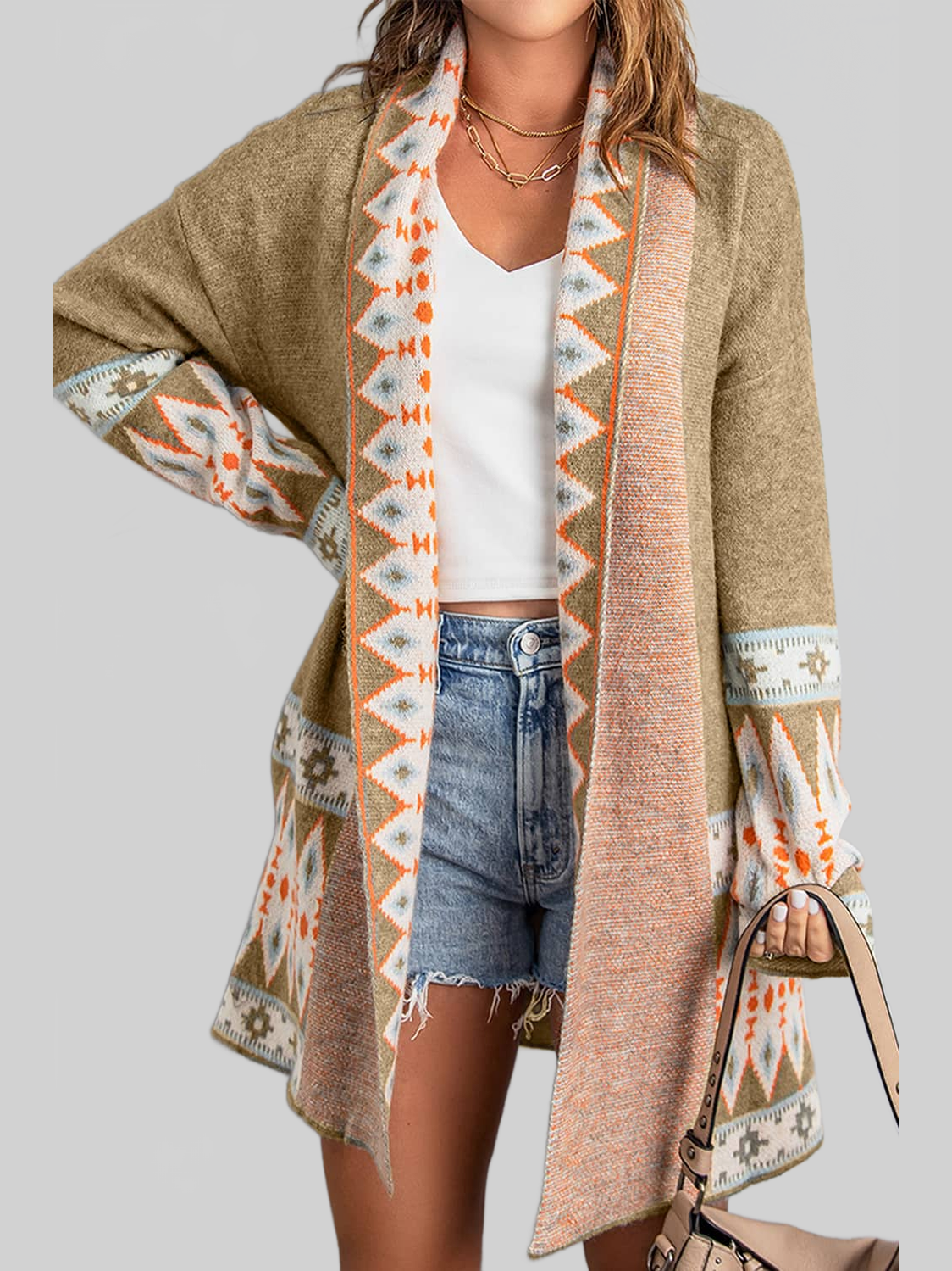 Women Geometric Open Front Long Sleeve Cardigan Sweater nicholesgifts
