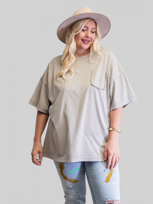 Plus Size Women Mineral Washed Cotton Jersey Boxy Tunic Short Sleeve Shirt NicholesGifts