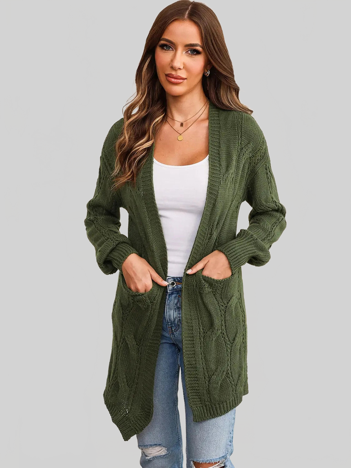 Women Cable-Knit Dropped Shoulder Slit Cardigan nicholesgifts