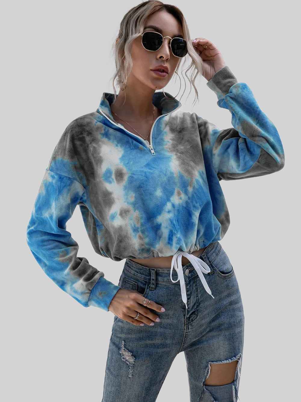Women Ivy Lane Tie-Dye Quarter Zip Dropped Shoulder Sweatshirt nicholesgifts