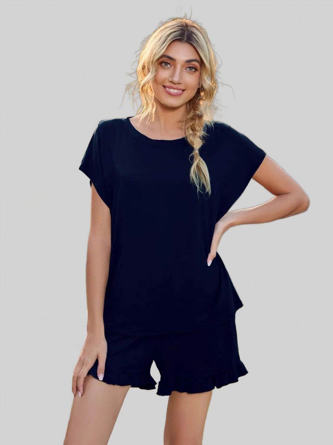 Round Neck Short Sleeve T-Shirt and Drawstring Shorts Lounge Set nicholesgifts