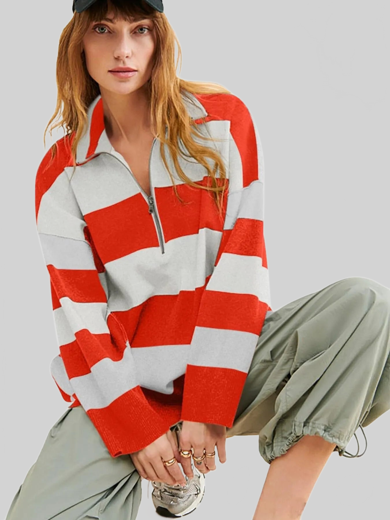 Women Striped Half-Zip Oversized Sweatshirt nicholesgifts