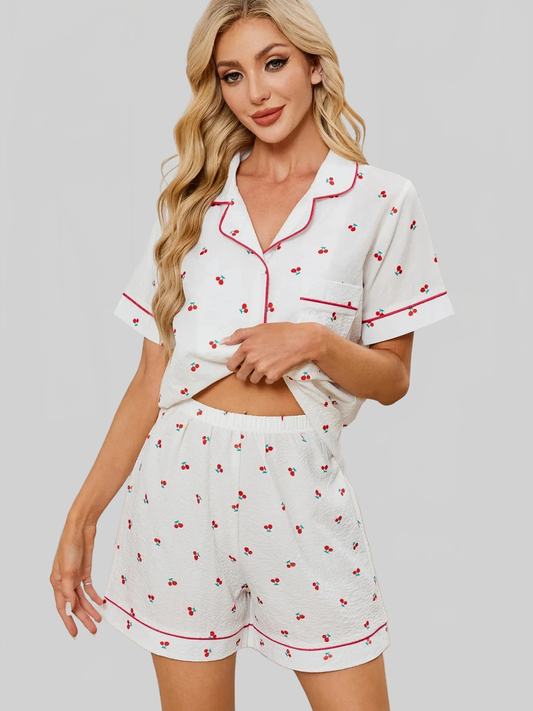 Cheery Print Collared Neck Top and Shorts Lounge Set nicholesgifts