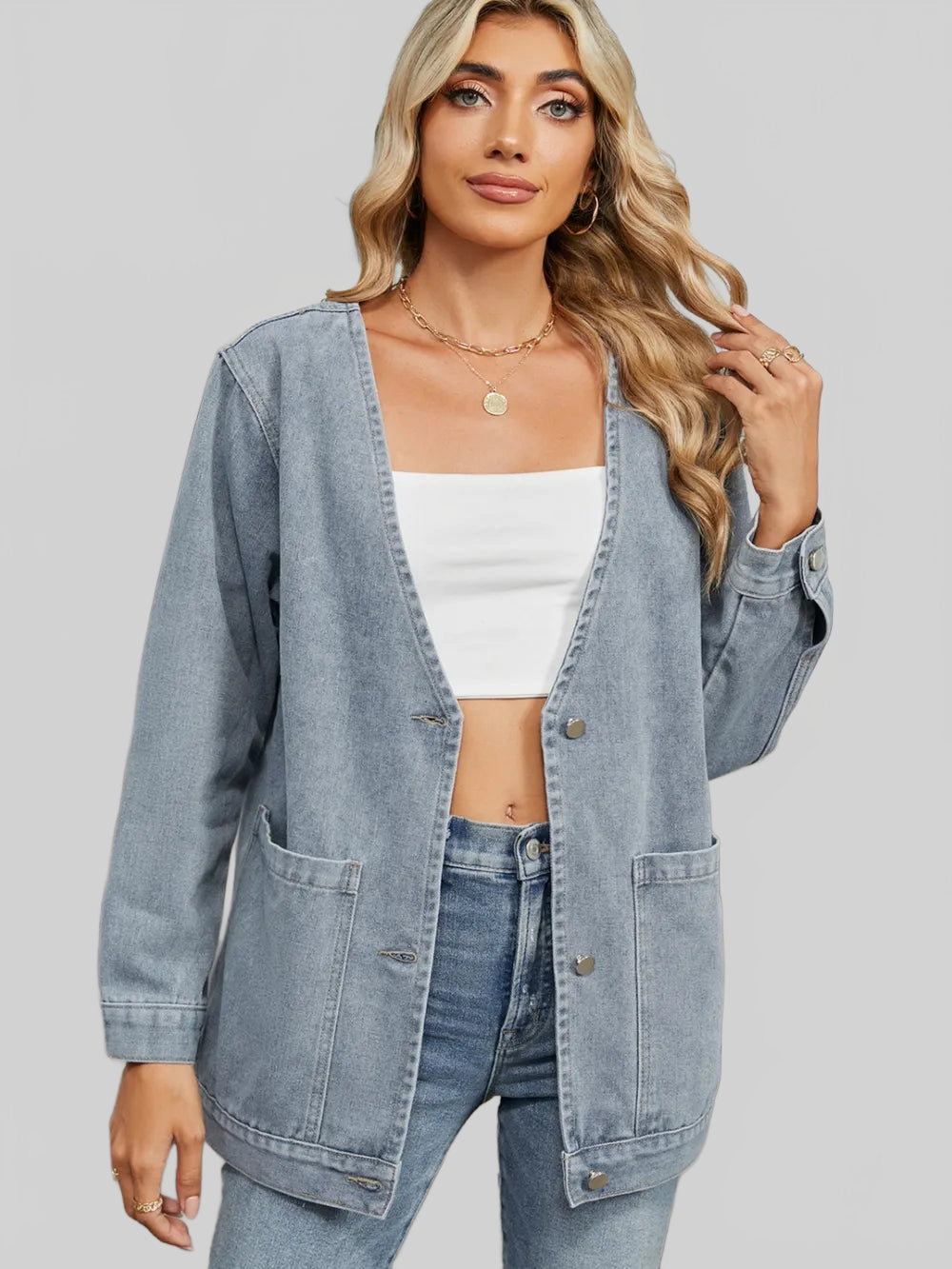 Pocketed V-Neck Button Up Denim Jacket nicholesgifts