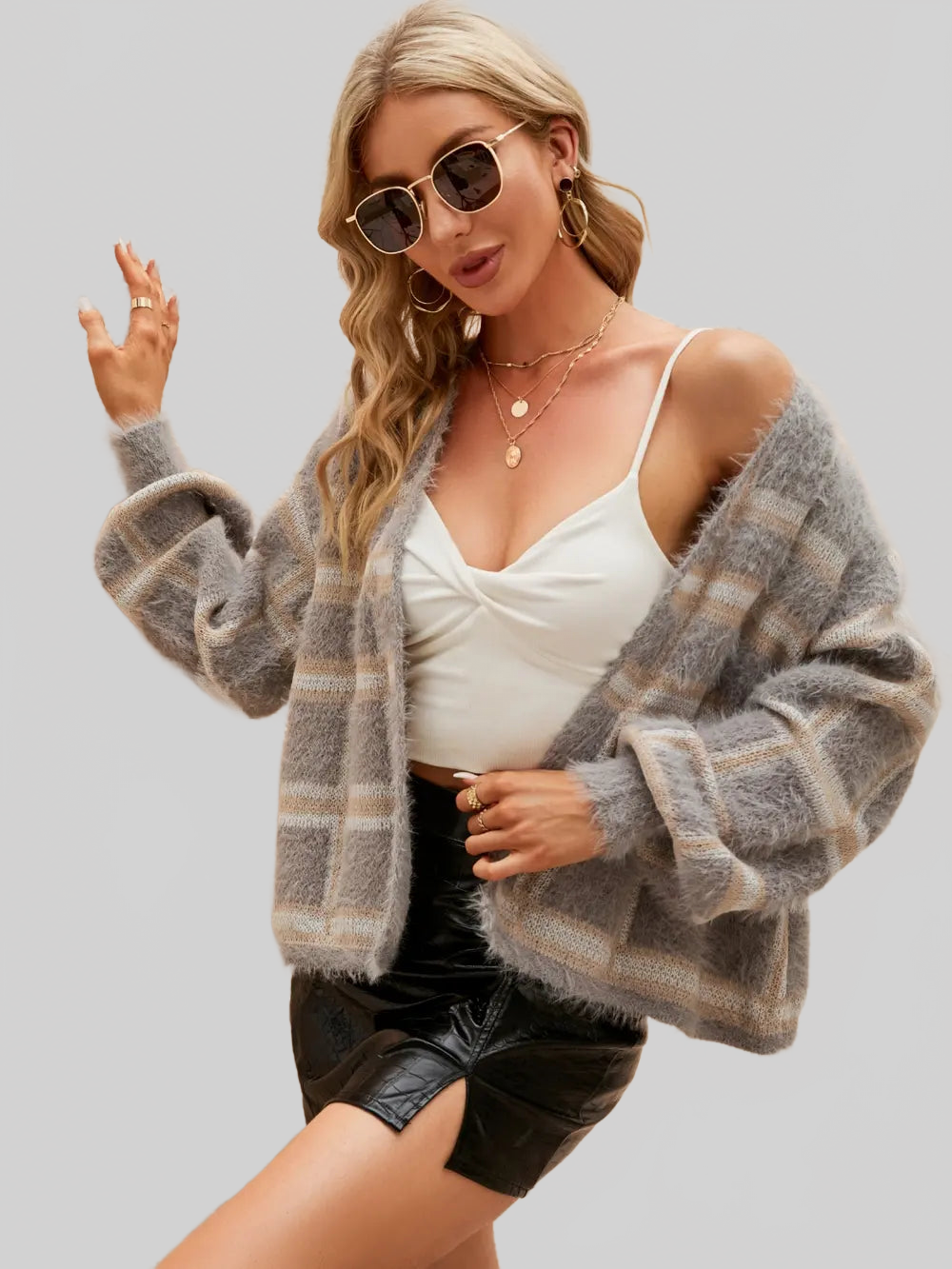 Women Open Front Plaid Long Sleeve Cardigan nicholesgifts
