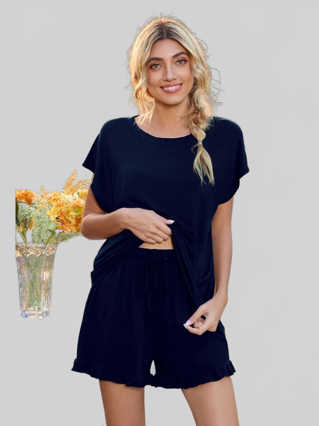 Round Neck Short Sleeve T-Shirt and Drawstring Shorts Lounge Set nicholesgifts