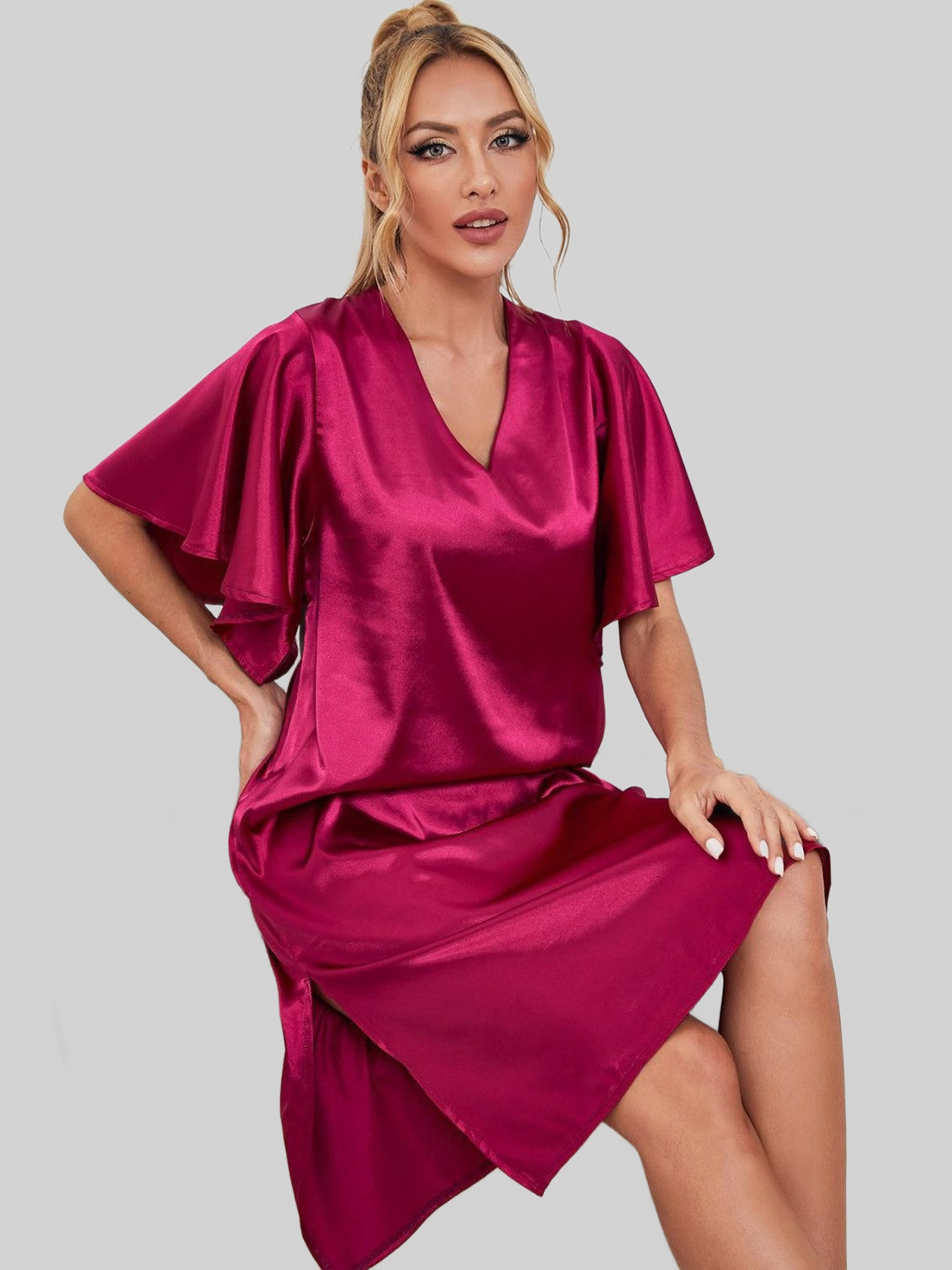 Satin Flutter Sleeve Side Slit V-Neck Night Dress nicholesgifts