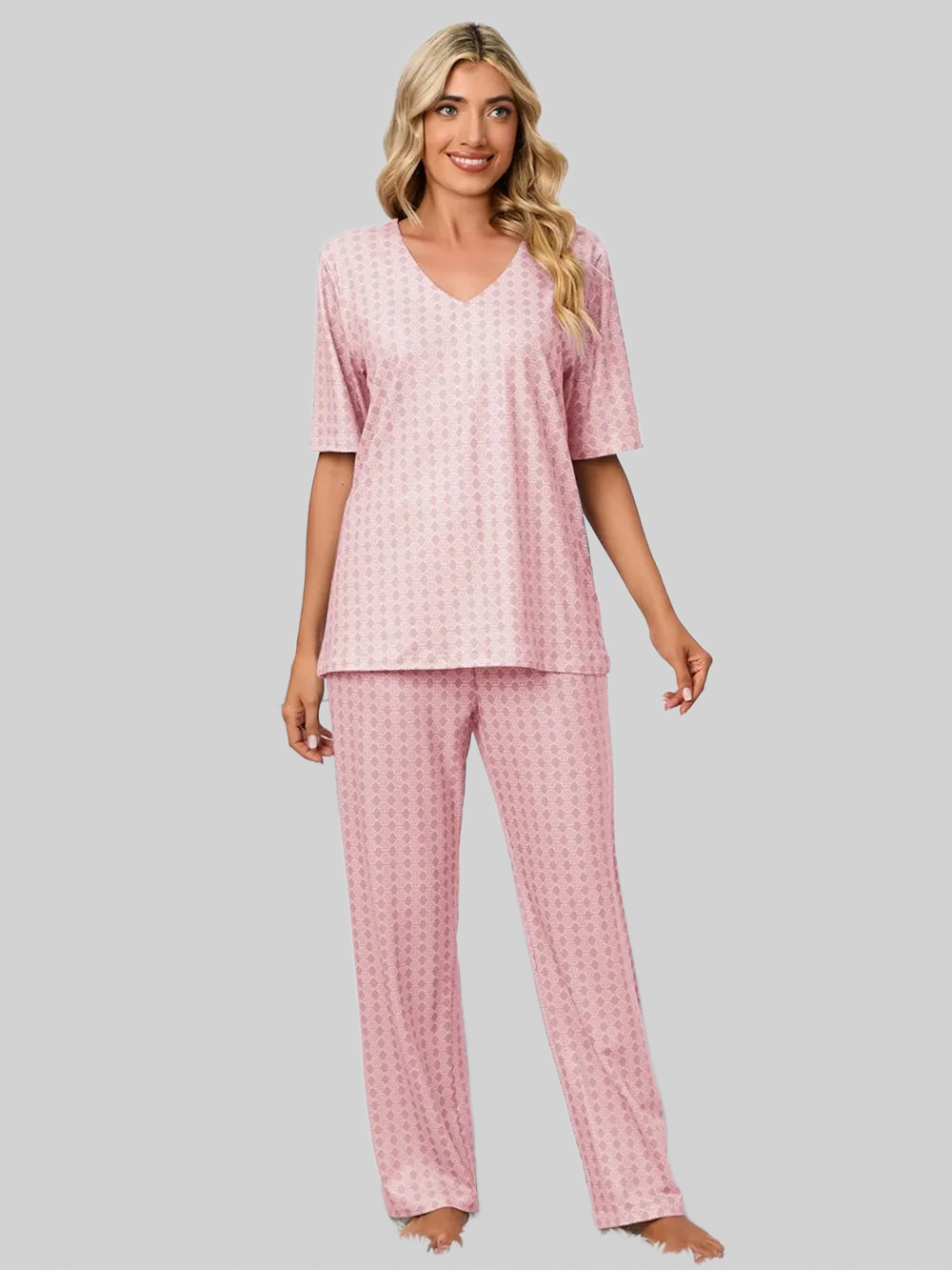 Printed V-Neck Top and Pants Lounge Set nicholesgifts
