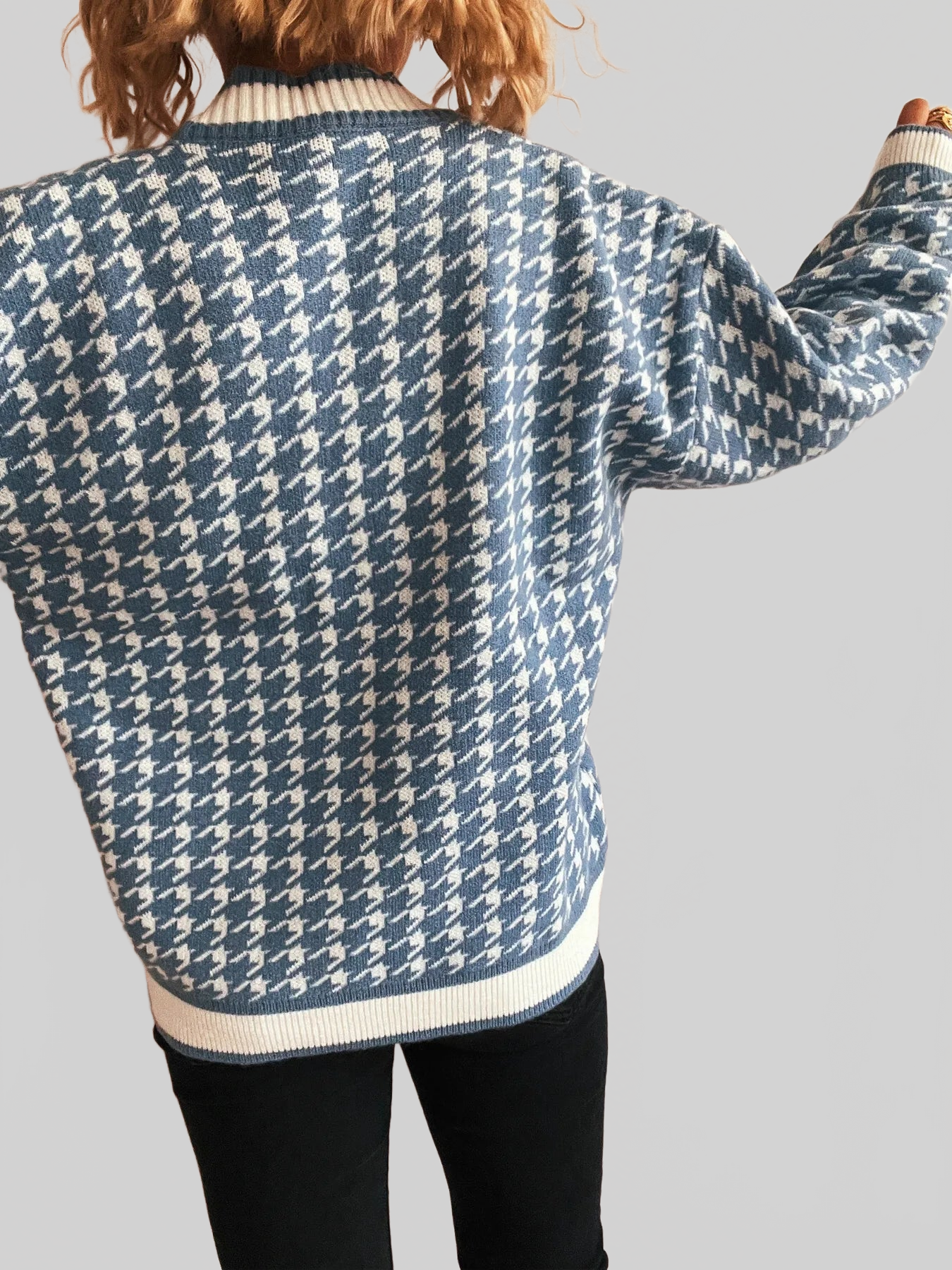 Women Houndstooth Pattern V-Neck Button-Up Cardigan Sweater NicholesGifts