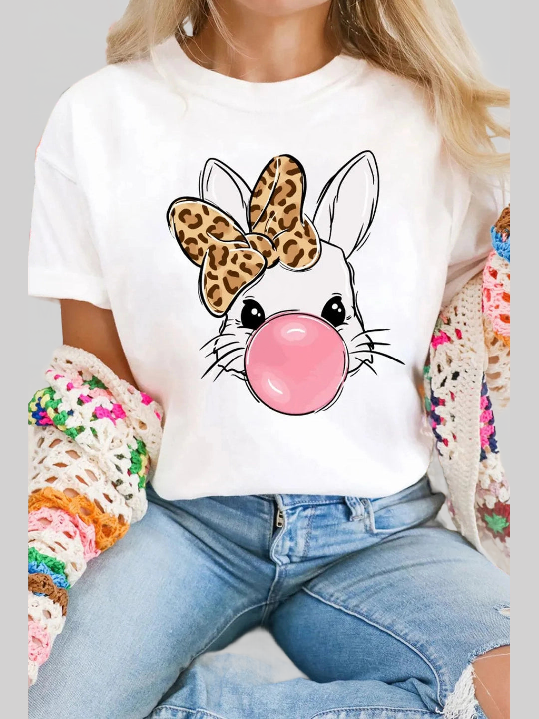 Leopard Bow Rabbit Graphic Round Neck Short Sleeve T-Shirt Trendsi