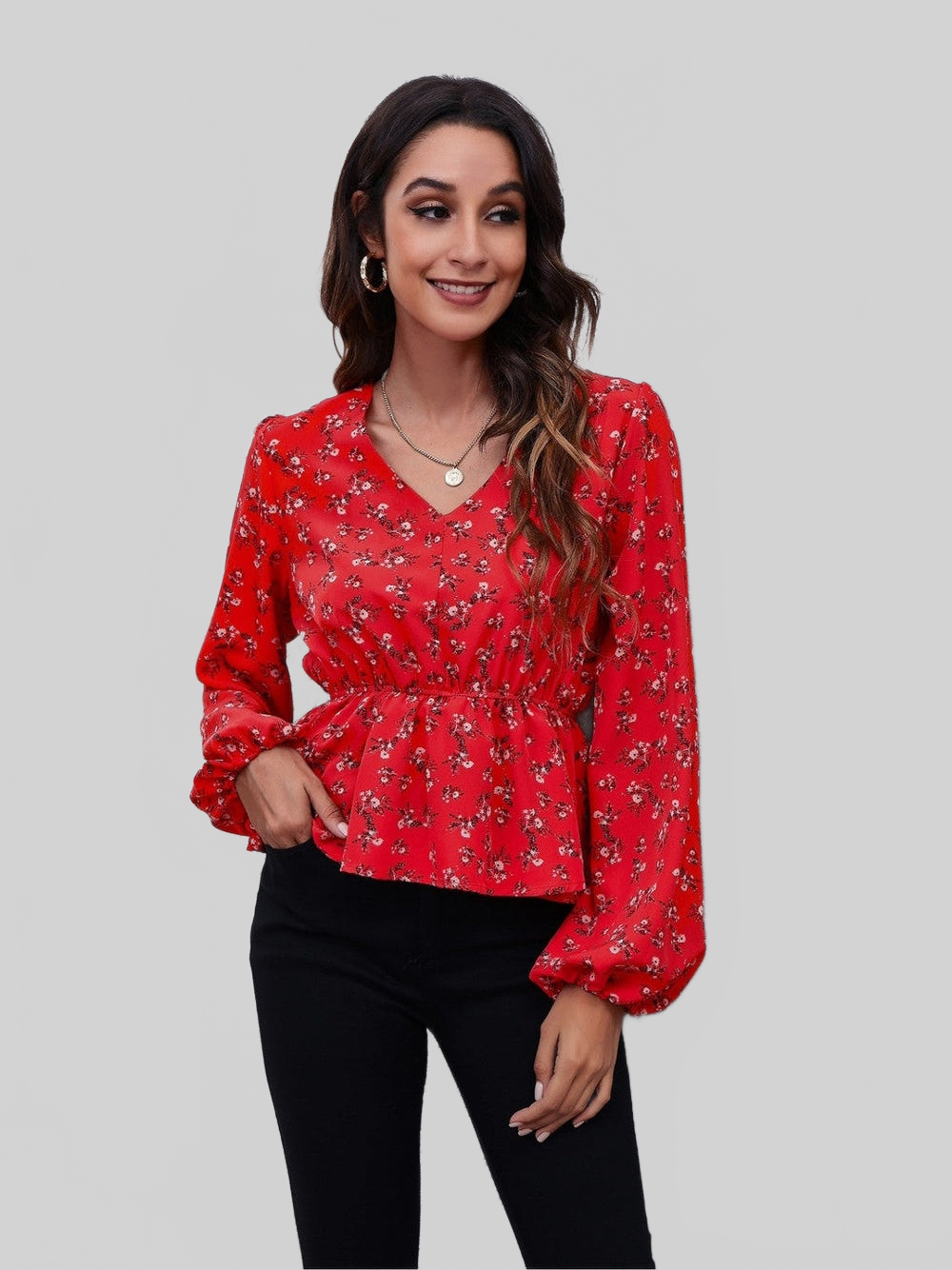 Women Deep Red Color Floral V-Neck Balloon Sleeve Peplum Blouse NicholesGifts