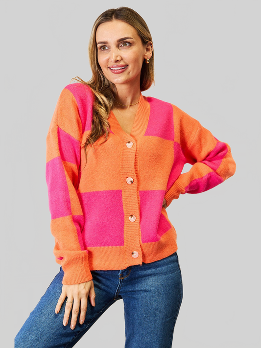 Women Angel Wings Woven Right Checkered V-Neck Dropped Shoulder Cardigan nicholesgifts