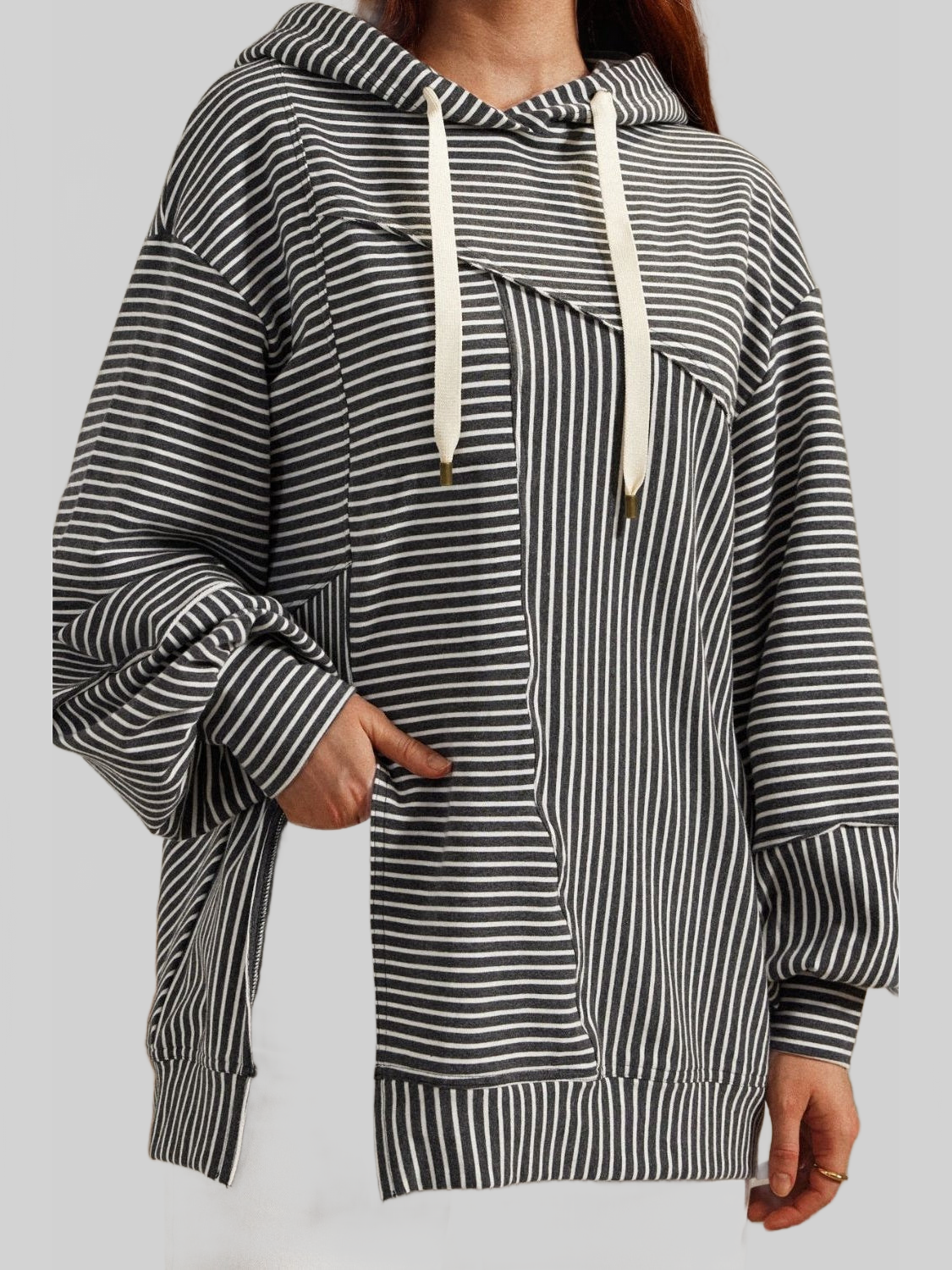NicholesGifts Women Slit Drawstring Striped Long Sleeve Hoodie NicholesGifts