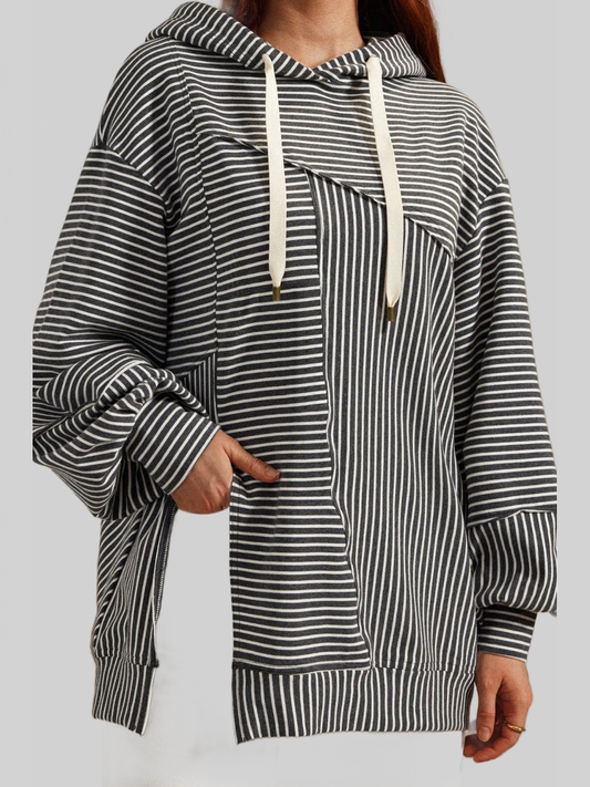 NicholesGifts Women Slit Drawstring Striped Long Sleeve Hoodie NicholesGifts