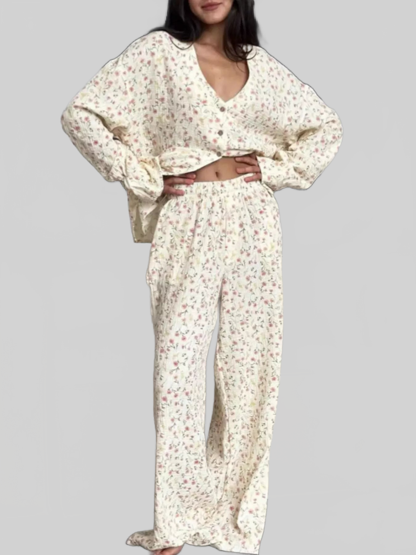 Floral Print Button-Down Top and Pants Lounge Set nicholesgifts