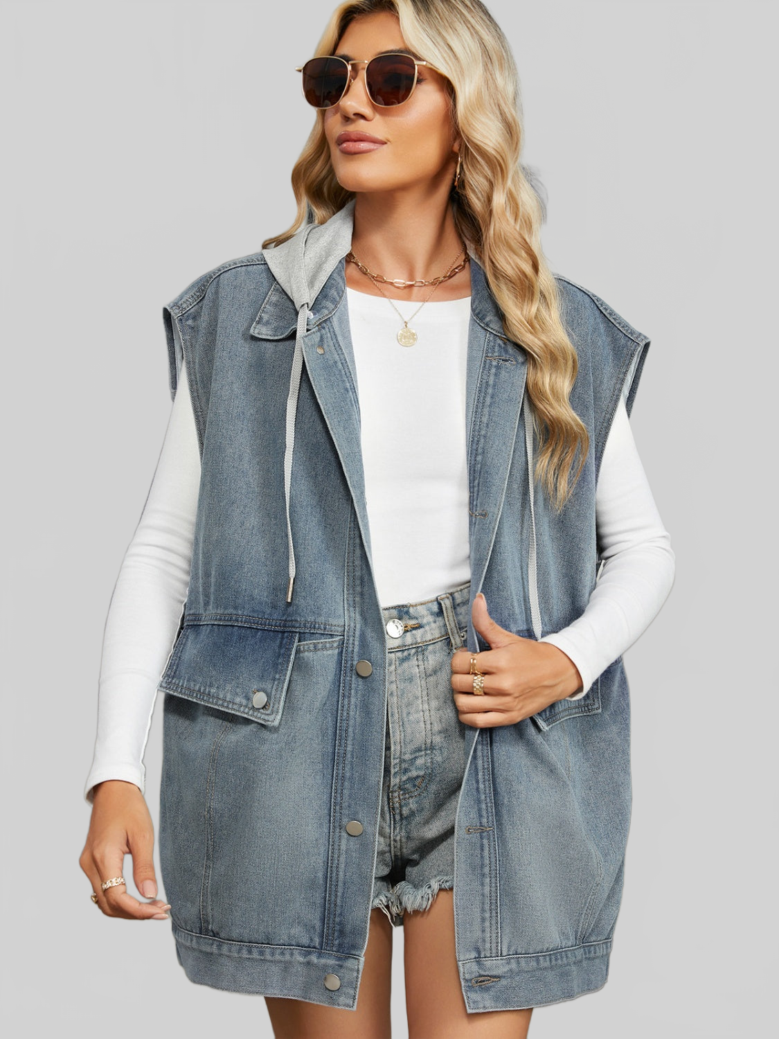 Removable Hood Button Up Cap Sleeve Denim Jacket NicholesGifts