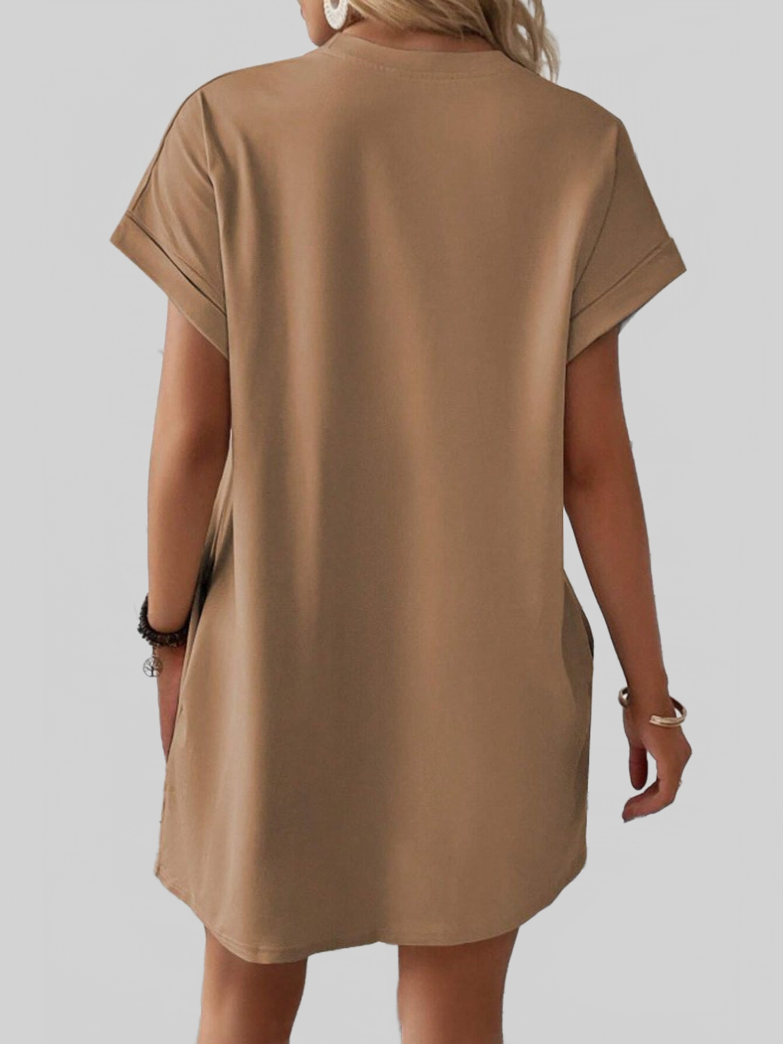 Women Pocketed Round Neck Short Sleeve Dress NicholesGifts