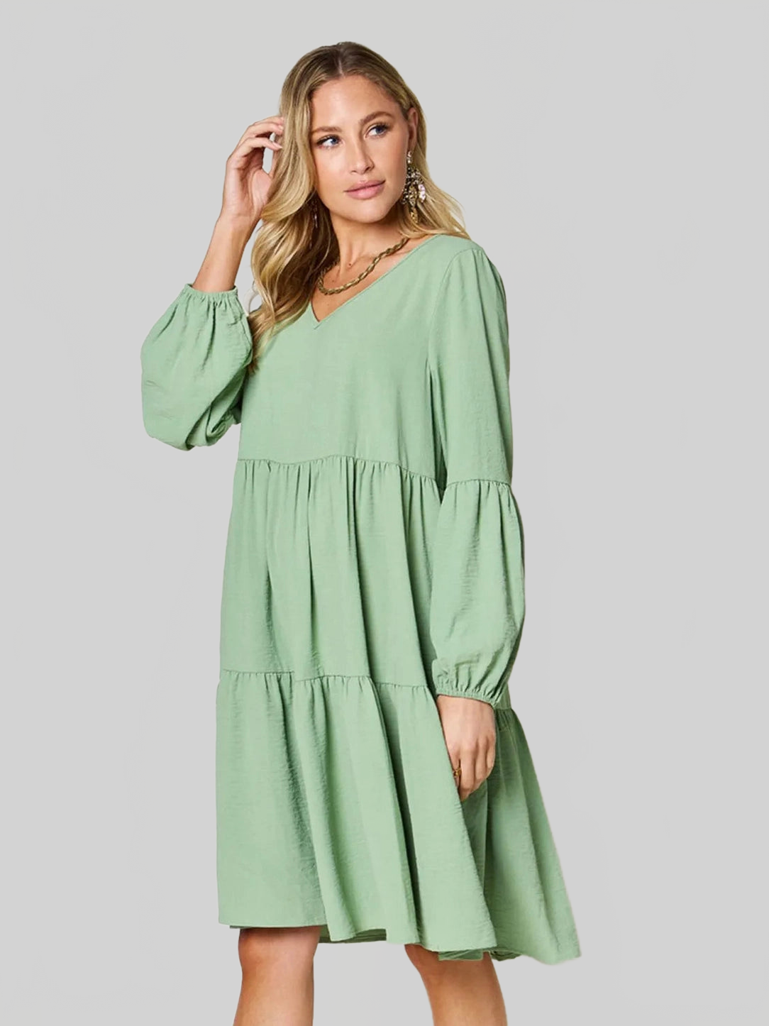 Double Take Full Size V-Neck Balloon Sleeve Tiered Dress with Pockets nicholesgifts