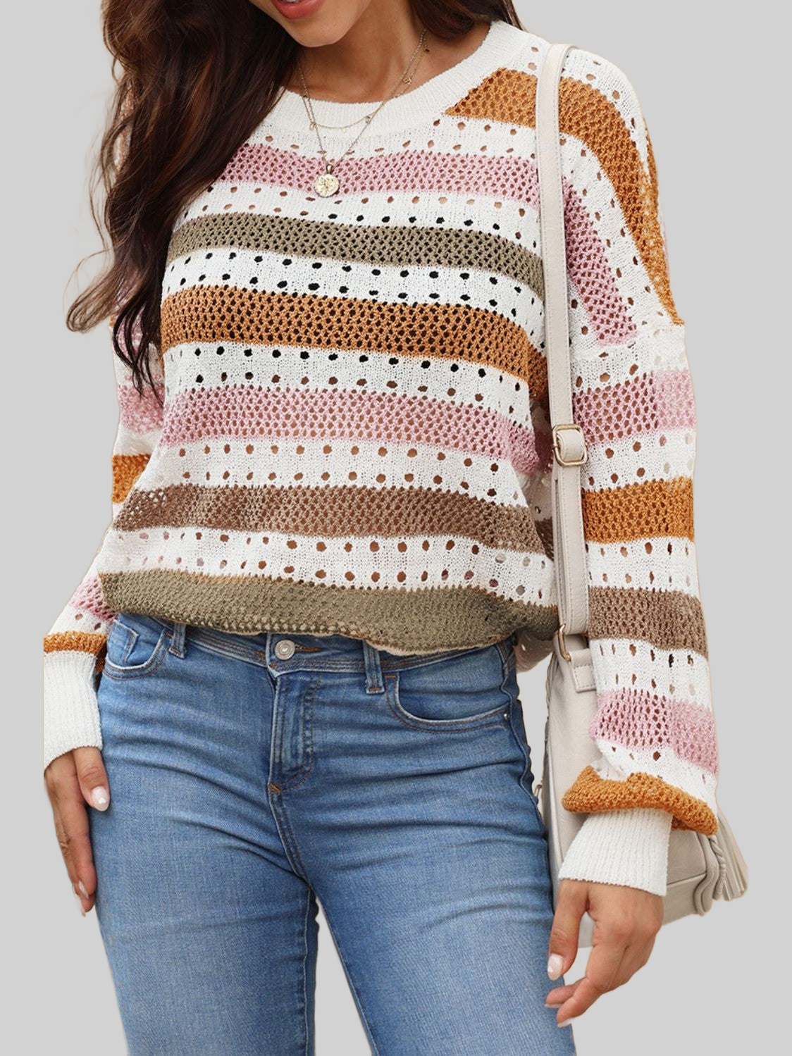 Women Striped Round Neck Hollowed Sweater NicholesGifts
