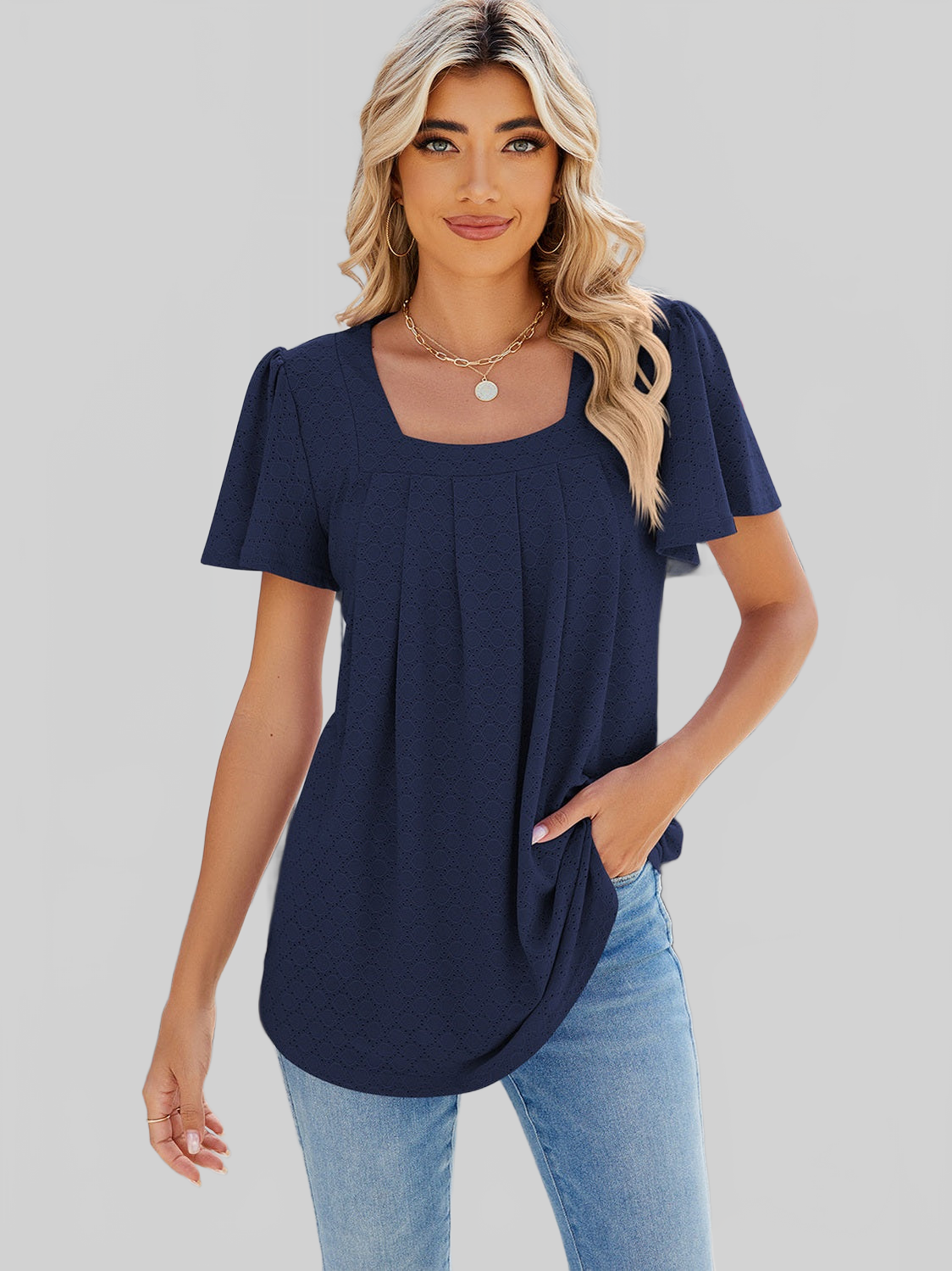 Women Eyelet Square Neck Flutter Sleeve Blouse nicholesgifts