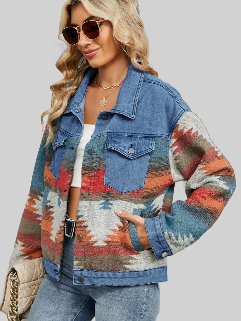 Geometric Button Up Long Sleeve Denim Jacket nicholesgifts