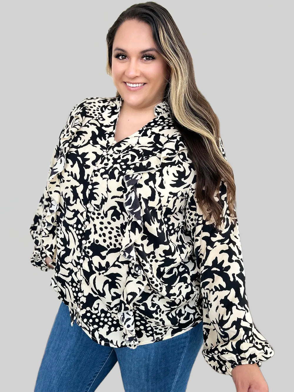 Women Double Take Full Size Printed Ruffle Trim Balloon Sleeve Shirt NicholesGifts