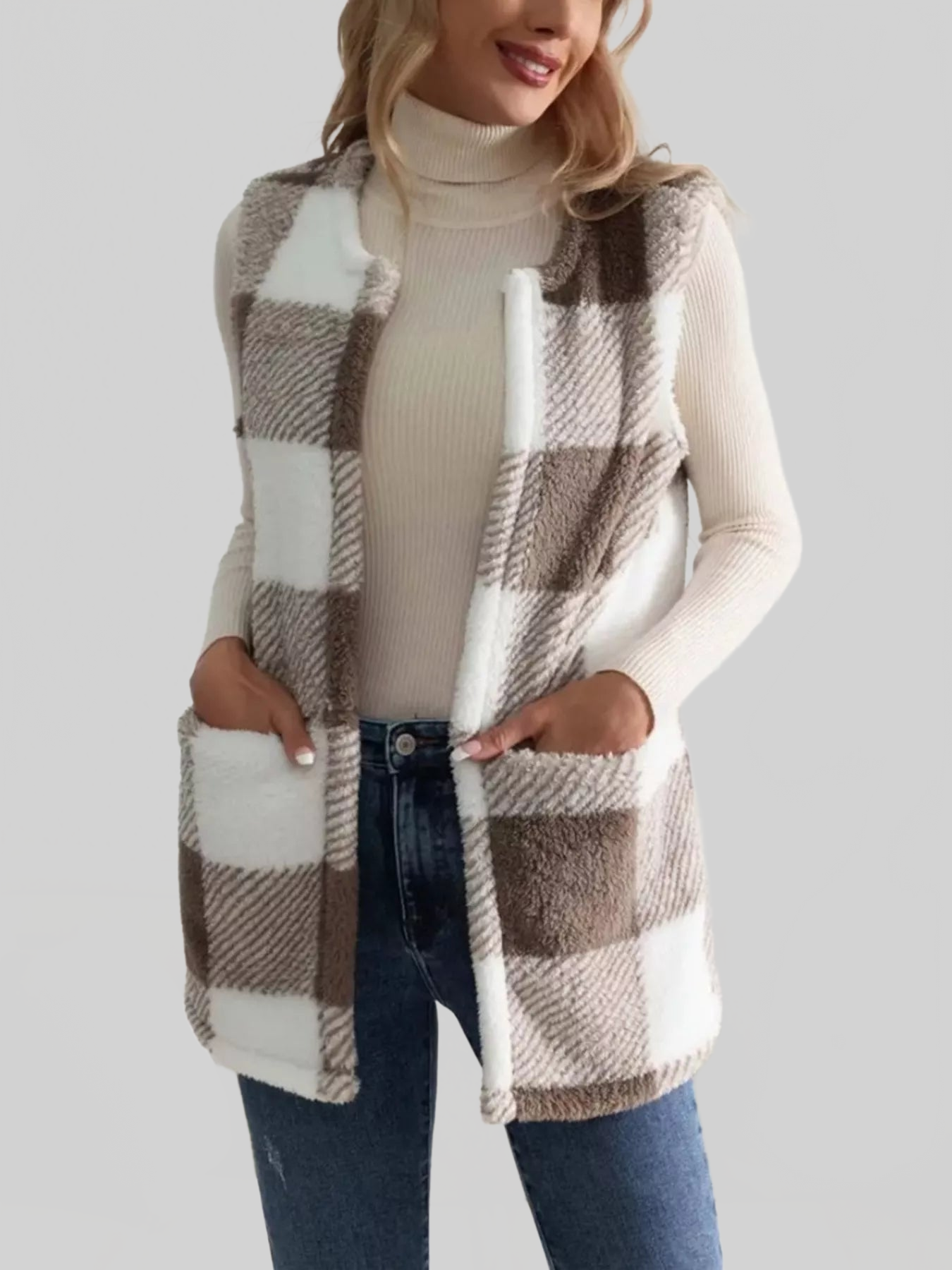 Women Cozy Plaid Sherpa Vest Coat nicholesgifts