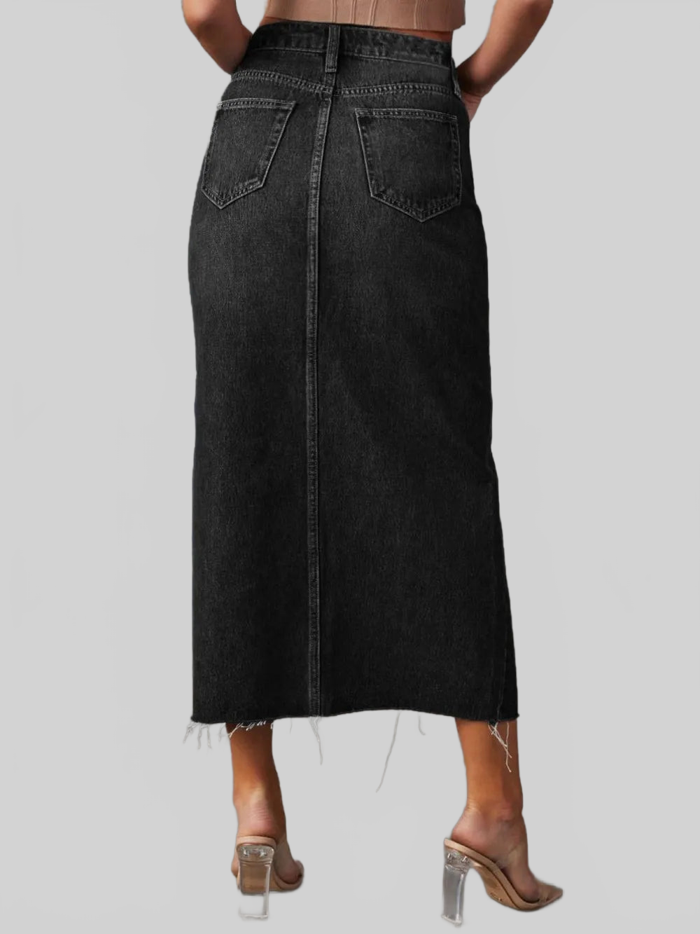 Raw Hem Front Slit Denim Midi Skirt nicholesgifts