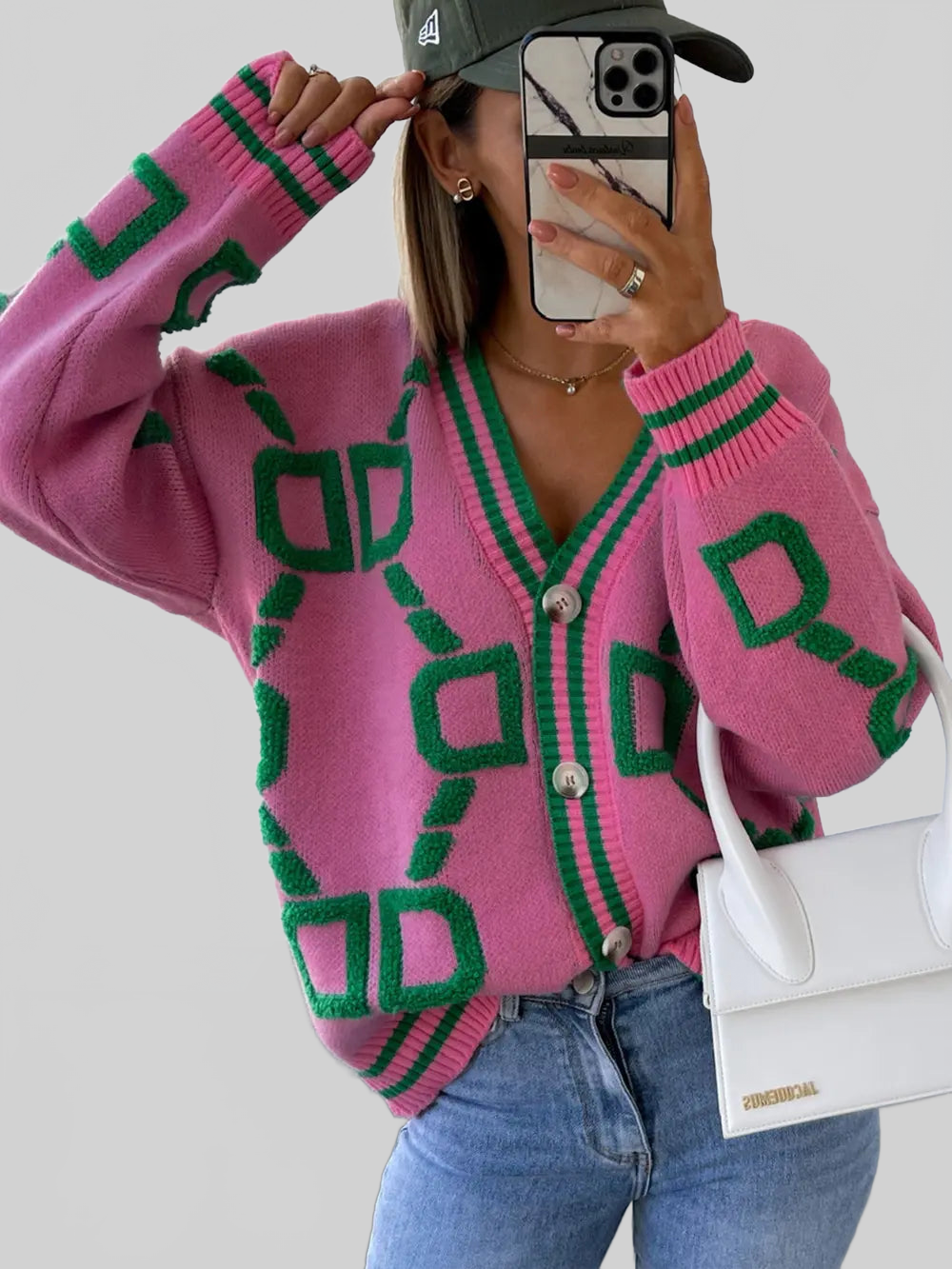 Women Geometric Dropped Shoulder Button Down Cardigan nicholesgifts