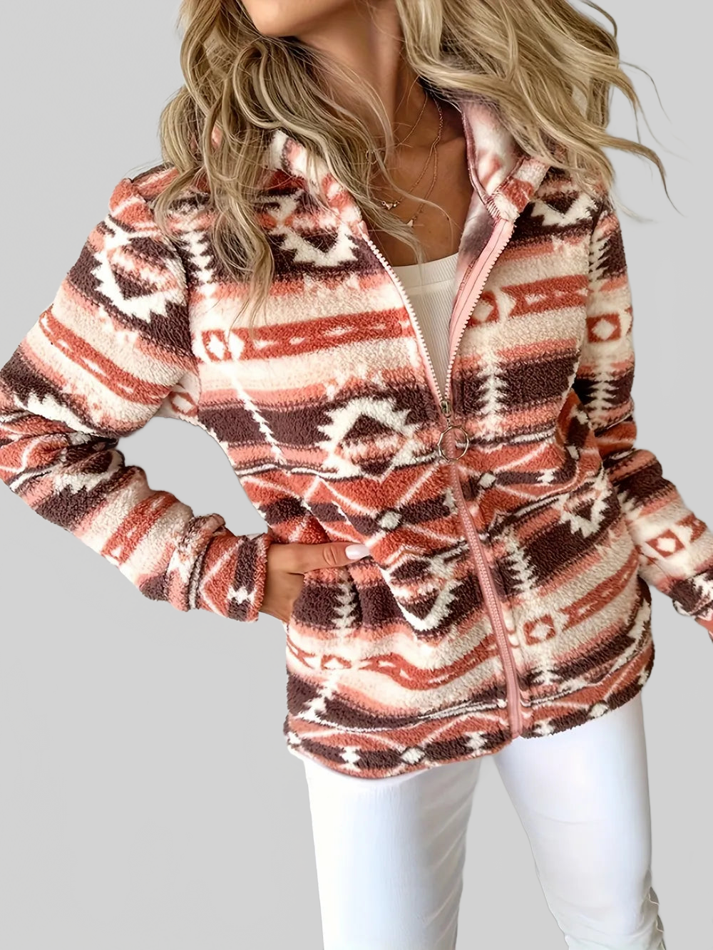 Geometric Zip Up Long Sleeve Hooded Jacket nicholesgifts