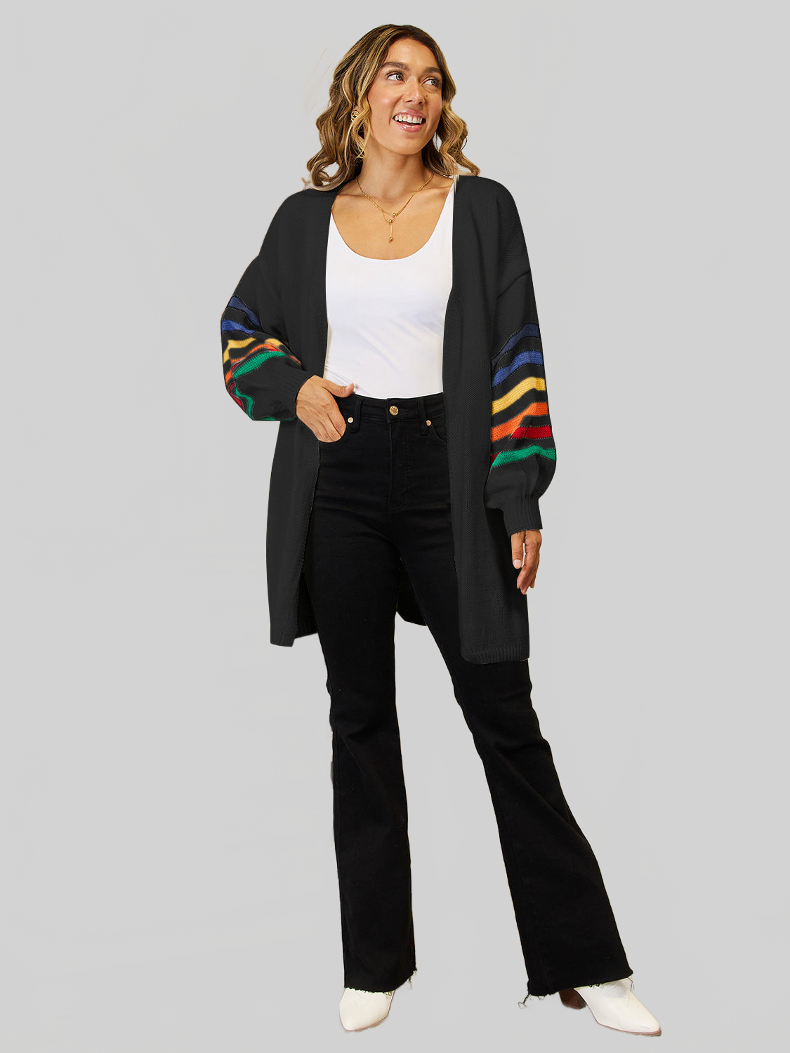 Women Angel Wings Striped Open Front Dropped Shoulder Cardigan nicholesgifts
