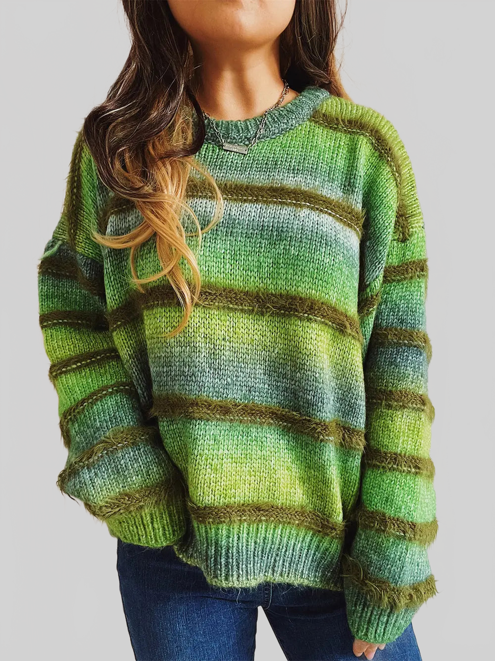 Women Striped Round Neck Long Sleeve Pullover Sweater nicholesgifts