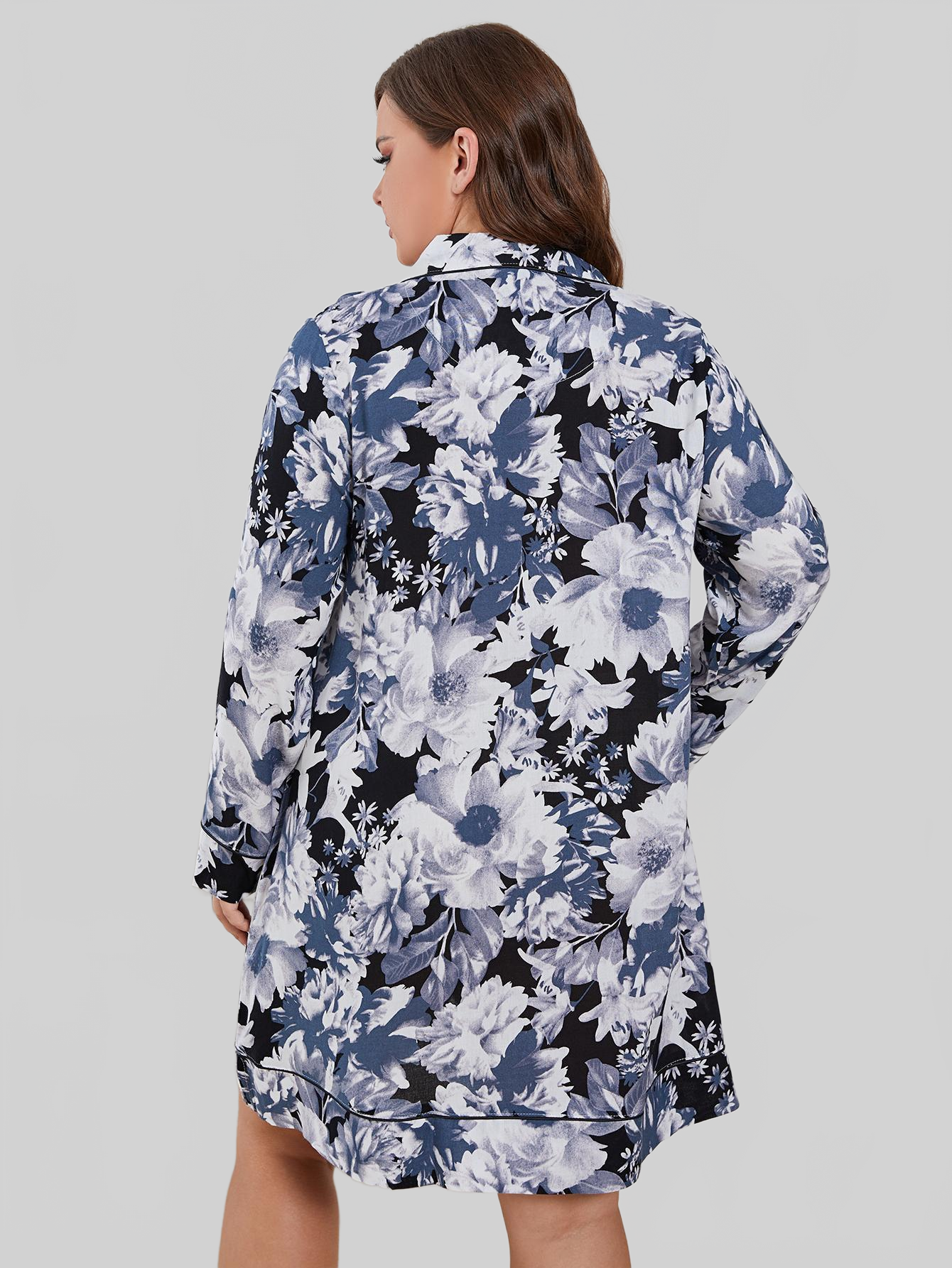Plus Size Floral Lapel Collar Long Sleeve Night Dress nicholesgifts
