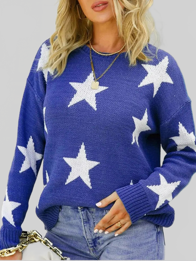 Star Pattern Round Neck Pullover Sweater nicholesgifts