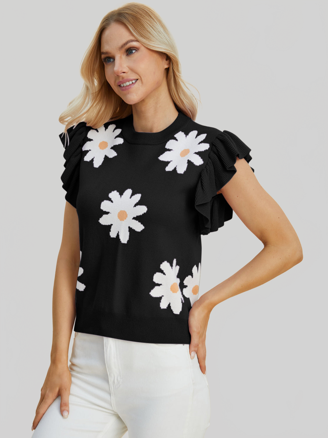 Women Double Take Full Size Ruffled Flower Round Neck Cap Sleeve Black Top NicholesGifts