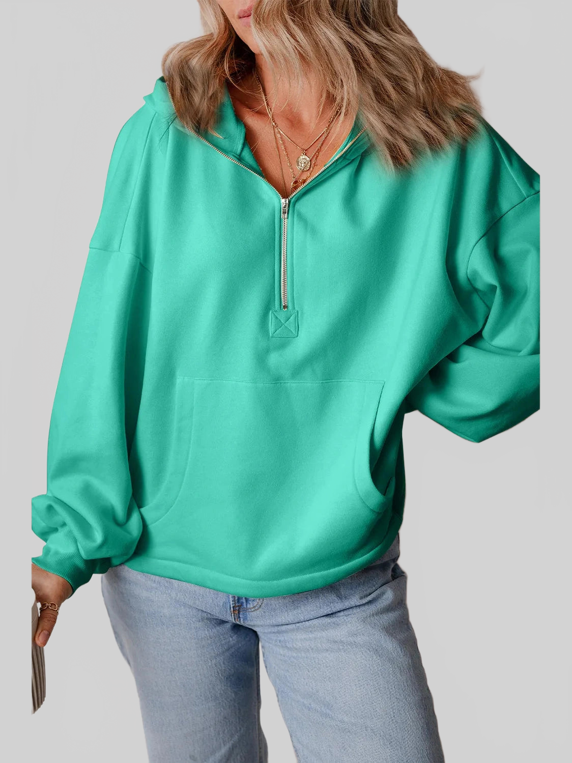 Pocketed Half Zip Dropped Shoulder Hoodie NicholesGifts