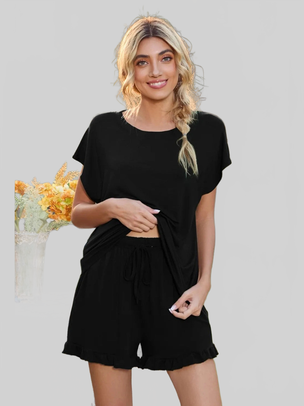 Round Neck Short Sleeve T-Shirt and Drawstring Shorts Lounge Set nicholesgifts