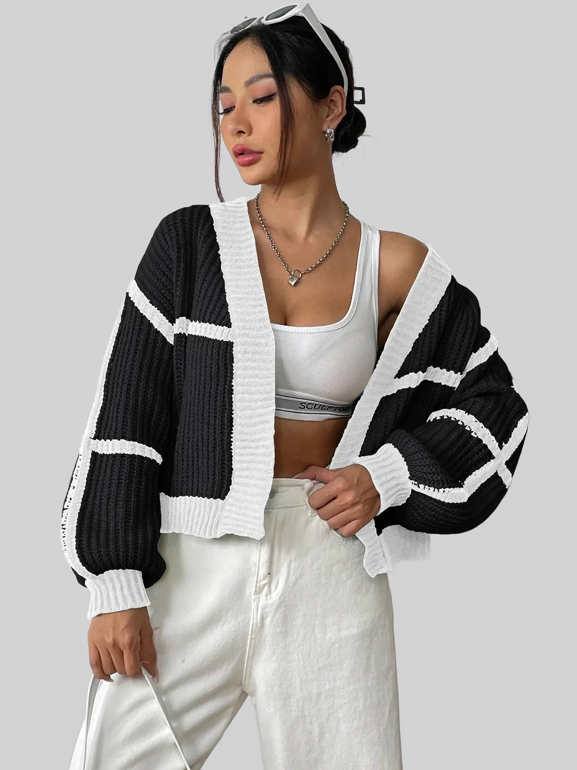 Women Contrast Open Front Long Sleeve Cardigan nicholesgifts