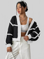 Women Contrast Open Front Long Sleeve Cardigan nicholesgifts