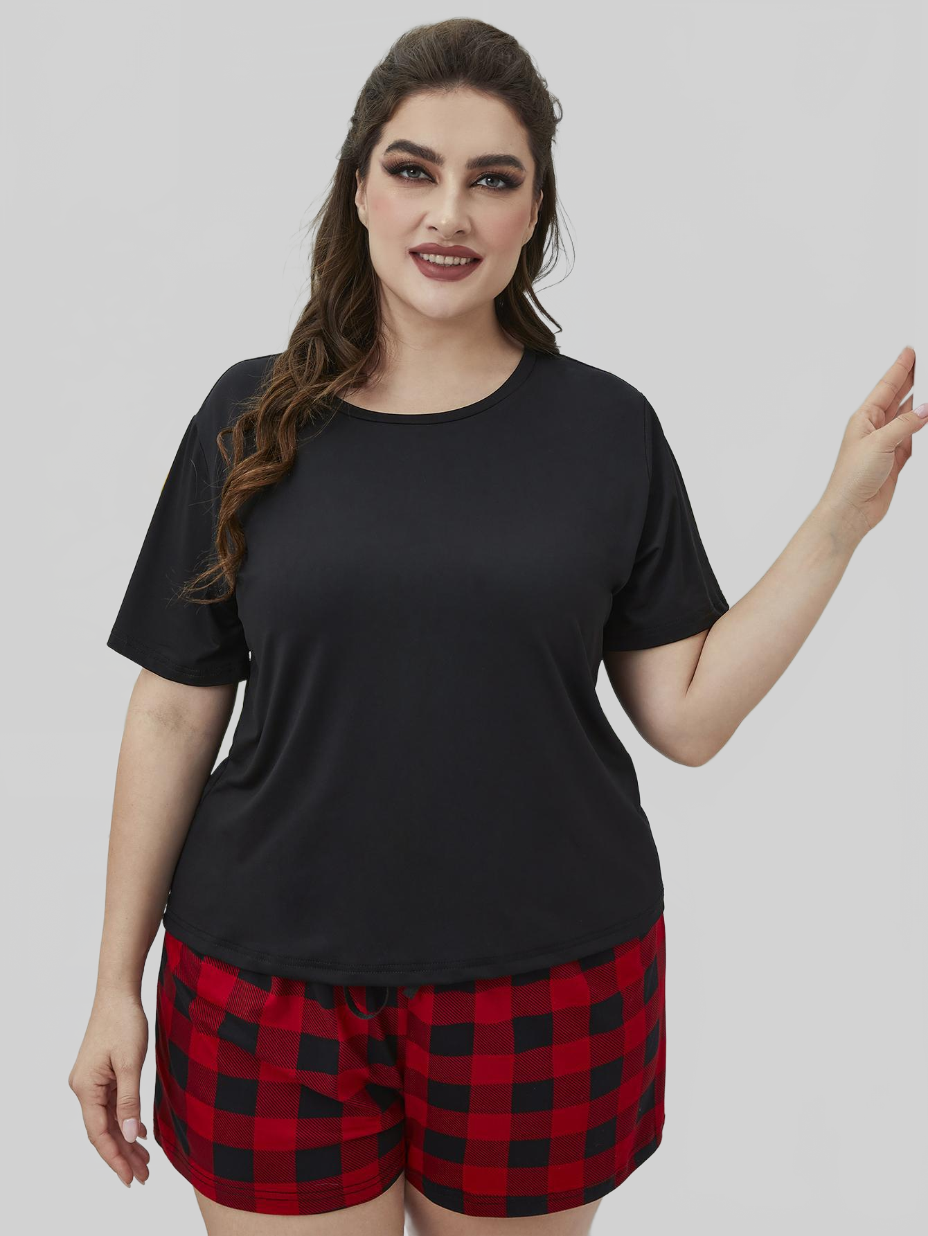 Plus Size Round Neck Tee Shirt and Plaid Shorts Lounge Set nicholesgifts